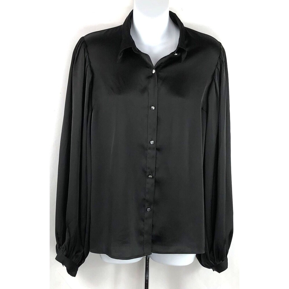 Express Satin Top M Blk Bishop Peasant Long Sleeve Button Up Collar career